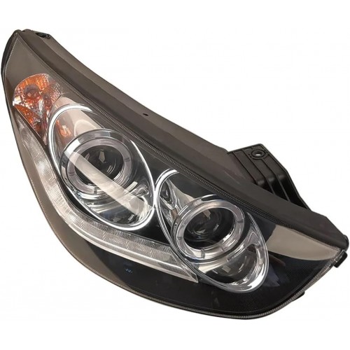 A Pair Modified Black LED Angel Eye Aperture Far and Near Beam, Double Lens Headlight Assembly Compatible with Hyundai IX35 2009 2010 2011